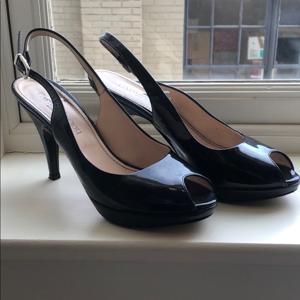Italian patent leather peep toe sling backs